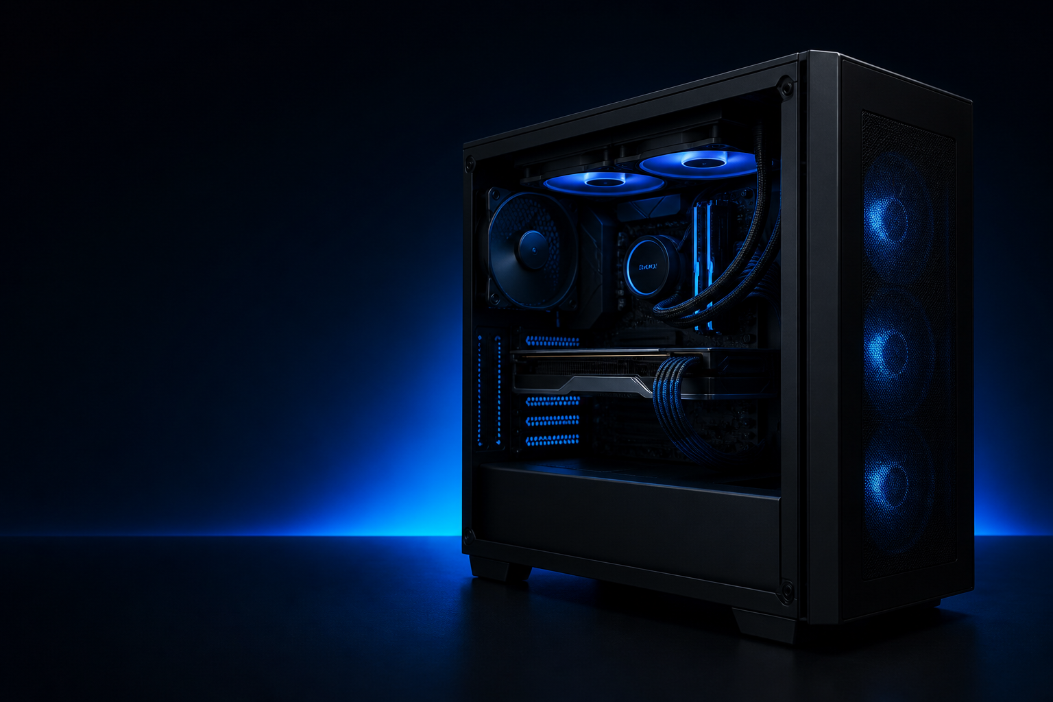 A premium custom desktop PC with blue lighting